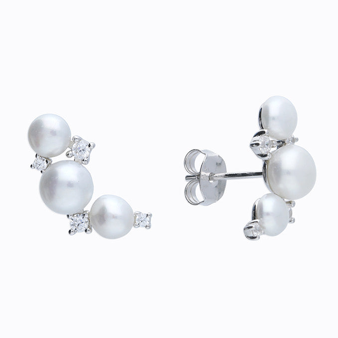 Poppy freshwater pearl and sparkle cluster ear climber studs in sterling silver from Joi Jewels