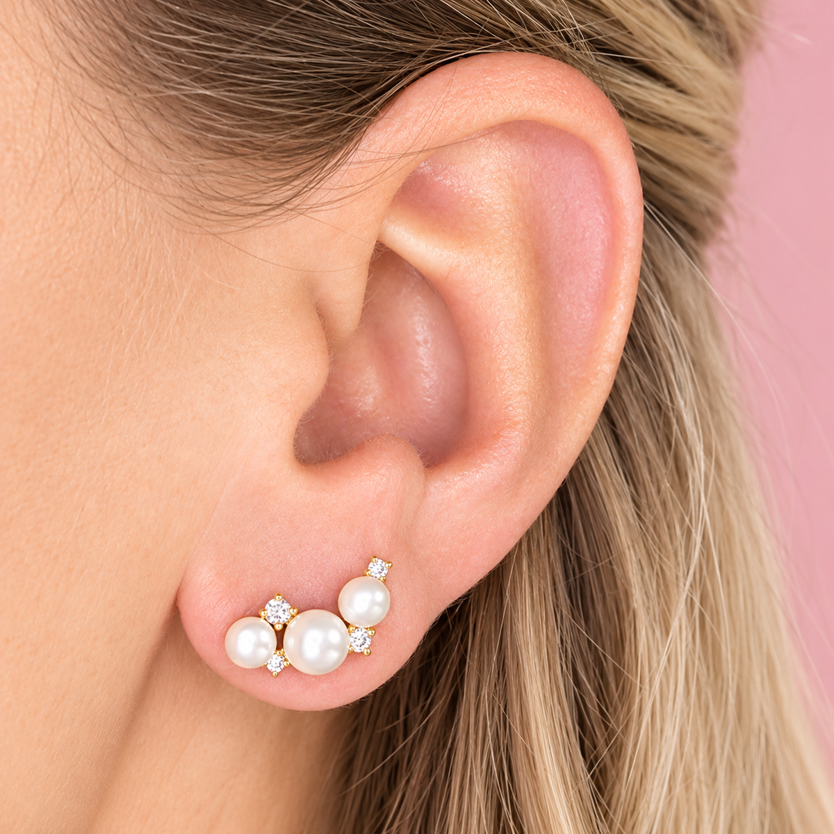 Poppy sterling silver freshwater pearl climber stud earrings with sparkling cluster detail by Joi Jewels