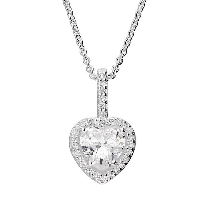 Heart-shaped diamond pendant on a white background