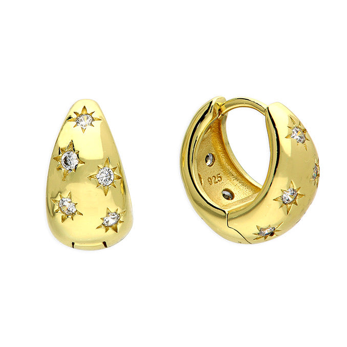 A pair of gold huggie hoop earrings decorated with starburst motifs set with small clear gemstones, shown from both front and side angles on a white background.