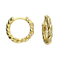 Gia gold twisted rope huggie hoop earrings with sparkling clear cubic zirconia accents, shown on a white background. Joi Jewels. 