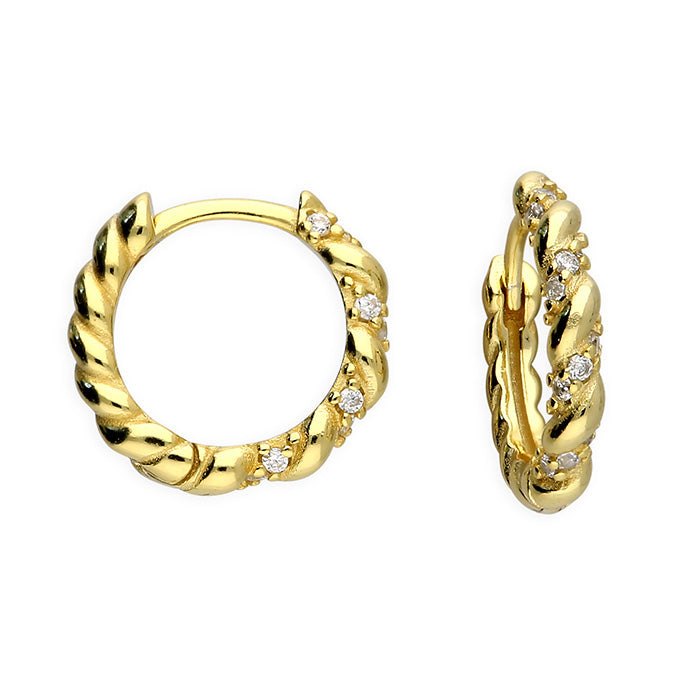 Gia gold twisted rope huggie hoop earrings with sparkling clear cubic zirconia accents, shown on a white background. Joi Jewels. 
