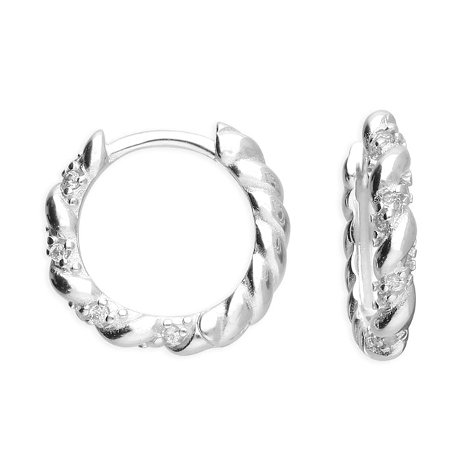 Silver Gia twisted rope huggie hoop earrings wit cubic zirconia accents from Joi Jewels on a white background  