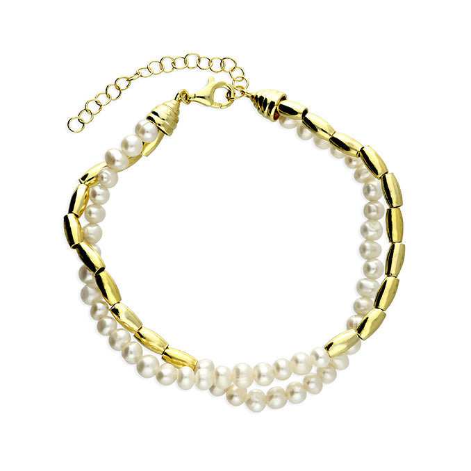 Gold and pearl bracelet with beaded links with an adjustable length by Joi Jewels 