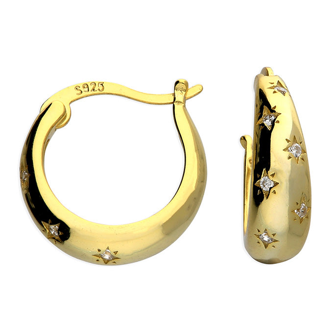 Gold chunky star chunky huggie earrings with cubic zirconia detailing in 18ct overlay on sterling silver. 