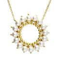 Pearla Halo Sterling Silver 18ct gold Vermail featuring an open circle pendant with fresh water pearls and polished gold bead detailing. 