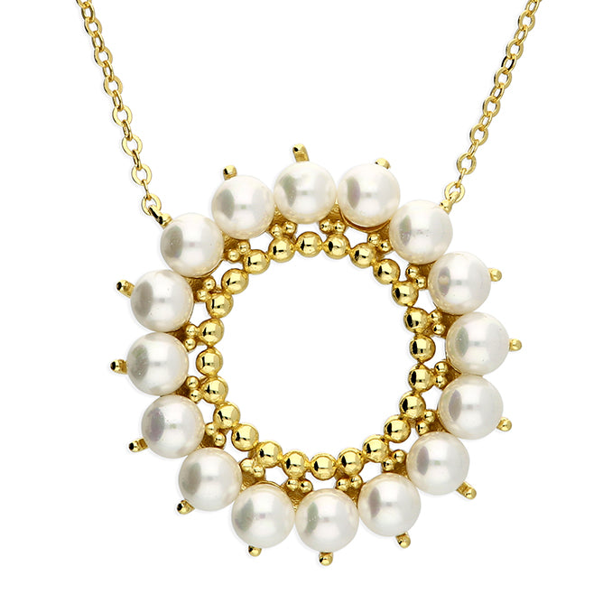 Pearla Halo Sterling Silver 18ct gold Vermail featuring an open circle pendant with fresh water pearls and polished gold bead detailing. 