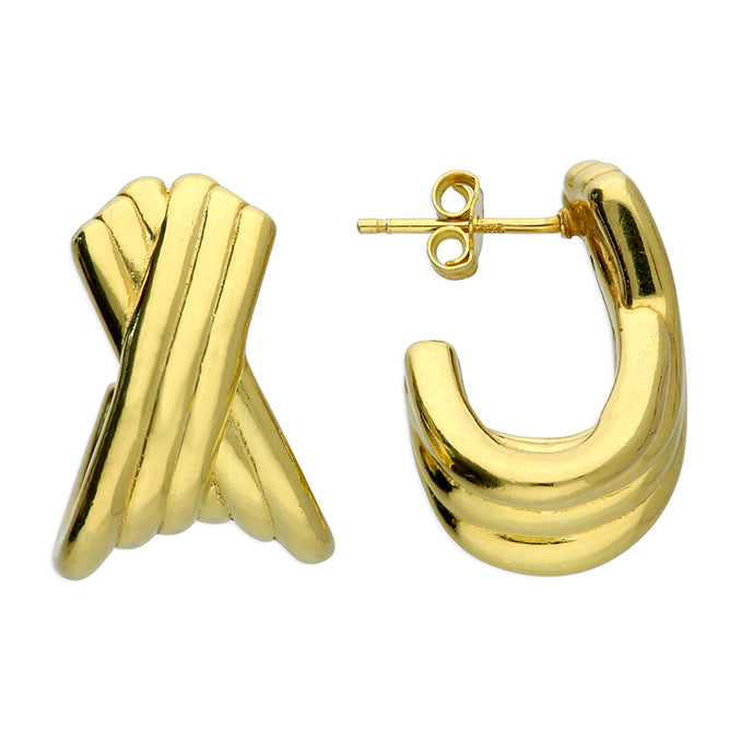 Sam gold cross over earring statmenet earring with gold finish from Joe Jewels. 