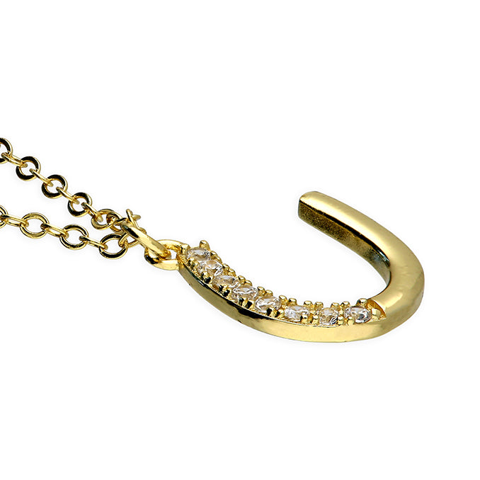Sarah gold horseshoe necklace with cubic zirconia side view