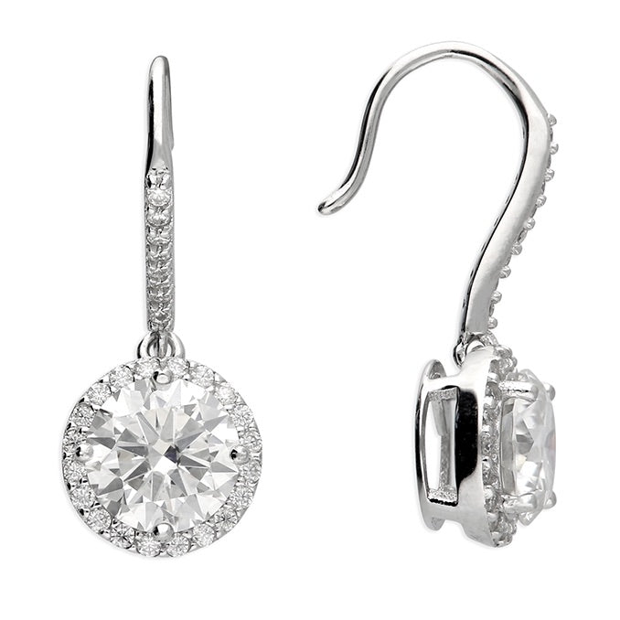 Elegant moissanite halo drop earrings with pave hoop detail by Joi Jewels. 