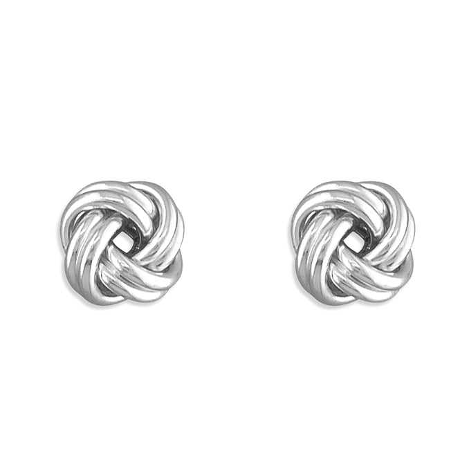 Sterling silver knot stud earrings with polished finish by Joi Jewels 